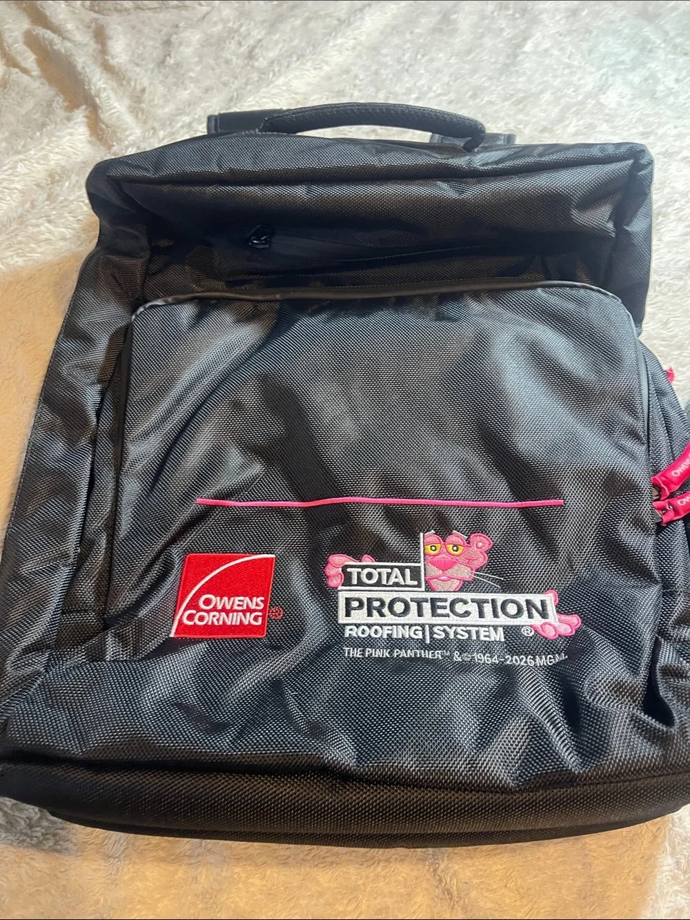 Owens corning pink Panther Black large Backpack NWOT